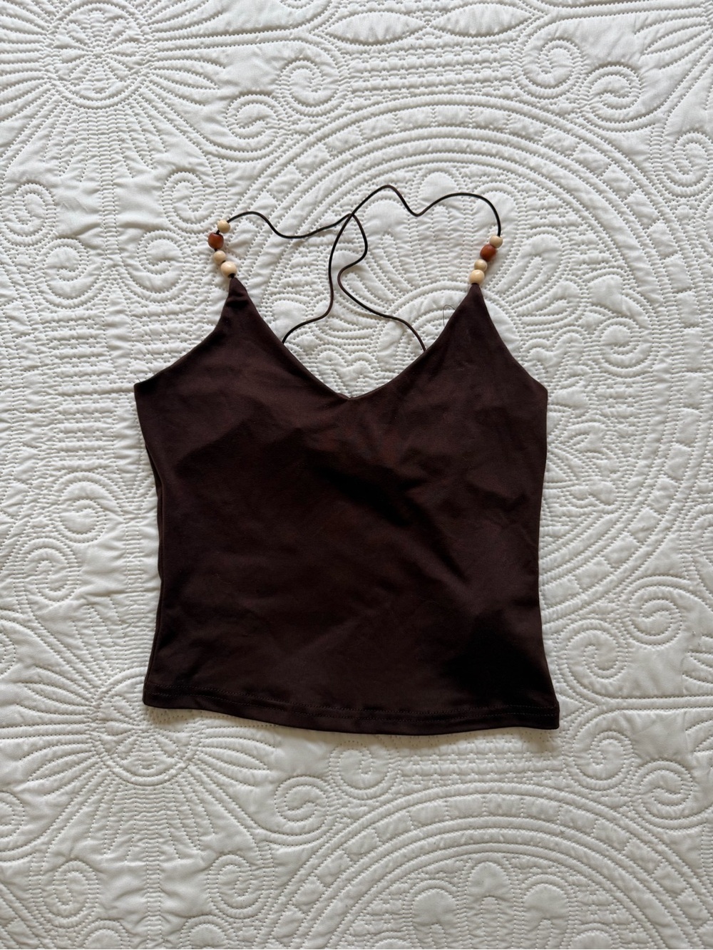 Beaded-Strap Brown V-Neck Tank Top